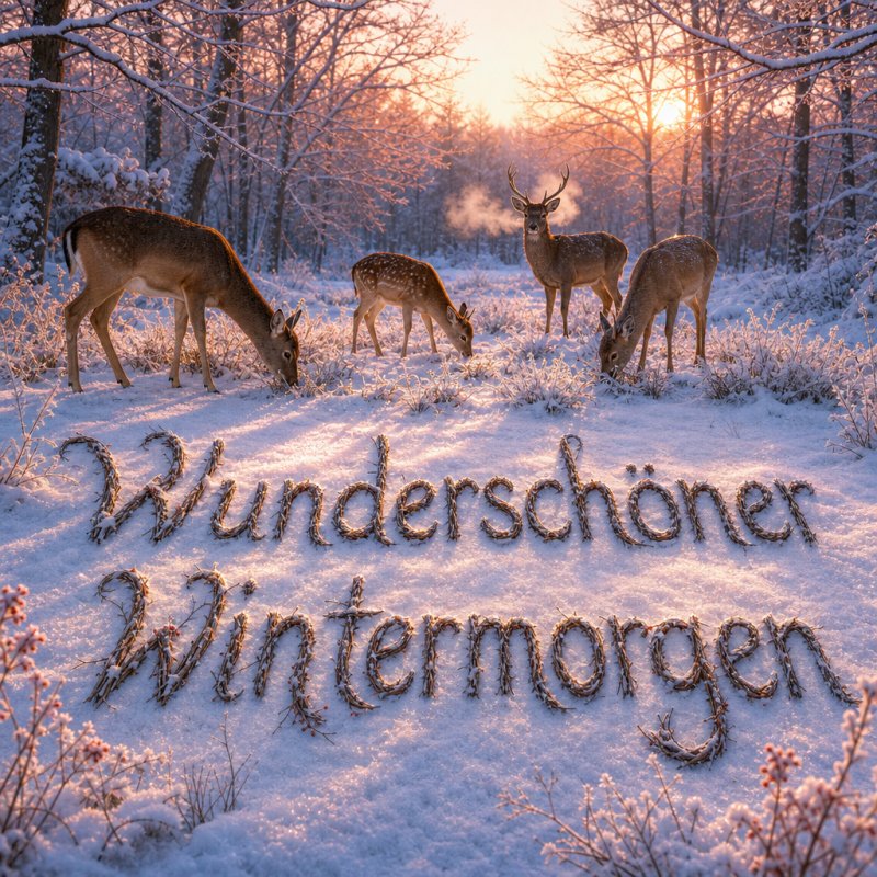 Ein fotorealistischer Guten-Morgen-Gruß zeigt Hirsche im Morgenglanz einer schneebedeckten Waldlichtung, wo Äste den Gruß kunstvoll formen.