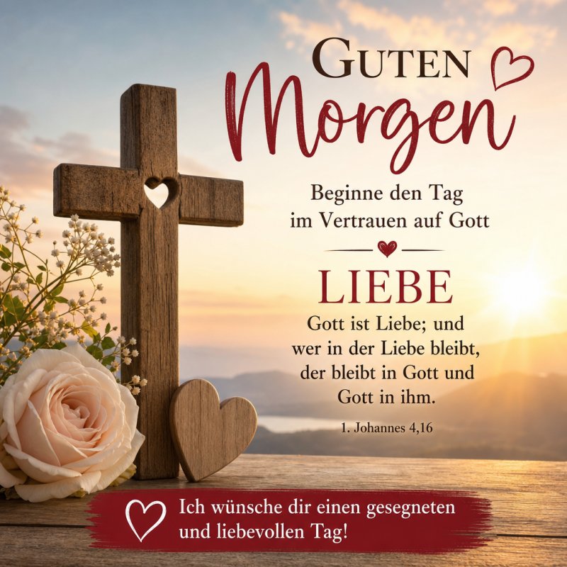 Ein Holzkreuz mit Herz und Rosen vor einem Sonnenaufgang verleiht dem Guten-Morgen-Gruß eine warme und liebevolle Stimmung.
