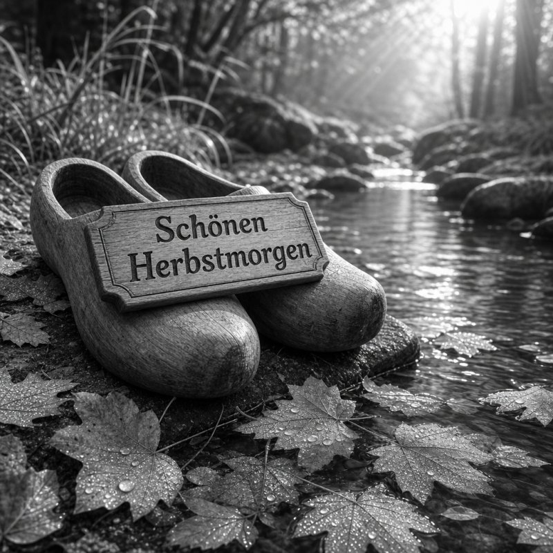 Guten-Morgen-Gruß in einem intimen Schwarz-Weiß-Foto: Ein Paar Holzschuhe am Rand eines Baches, umgeben von herbstlichen Blättern. Schönen Herbstmorgen.