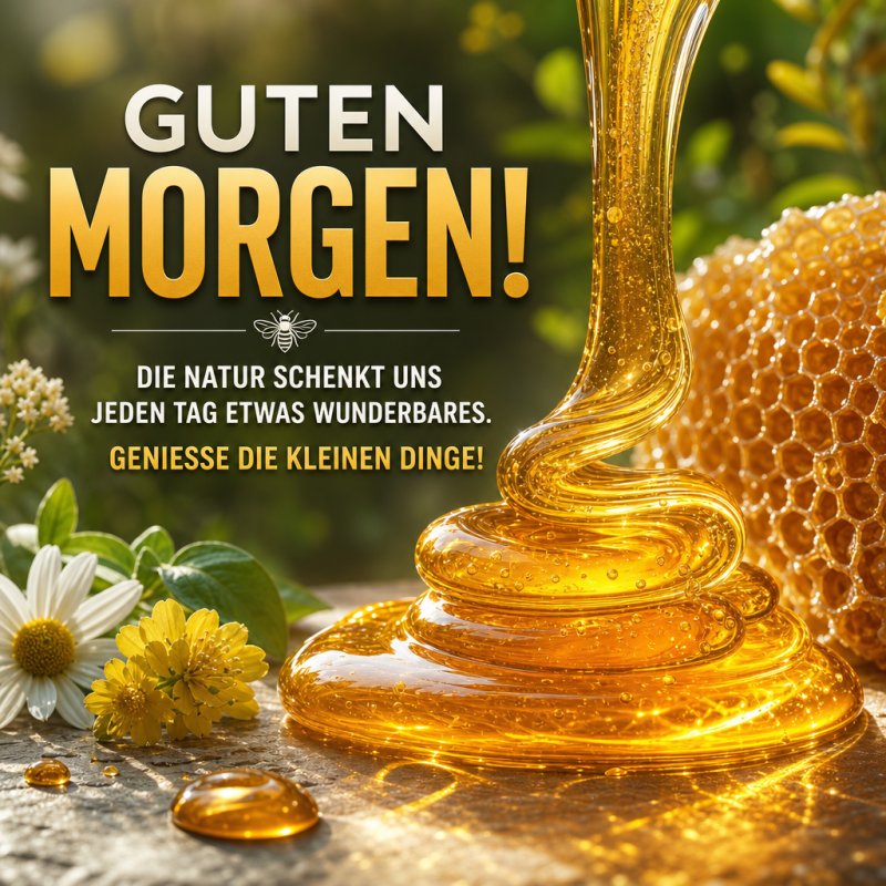 Ein fließender Honigstrahl umgeben von weißen und gelben Blüten vermittelt in diesem Guten-Morgen-Gruß eine warme, natürliche Stimmung.