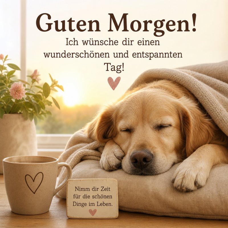 Ein Hund liegt entspannt auf einem Sofa neben einer Tasse und einer Blume, während ein Guten-Morgen-Gruß das Bild ziert.