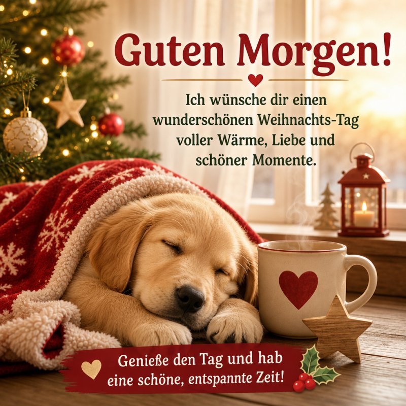 Ein schlafender Hund liegt gemütlich unter einer Decke neben einer Weihnachts-Tasse und ein geschmückter Baum, als Teil eines Guten-Morgen-Grußes.
