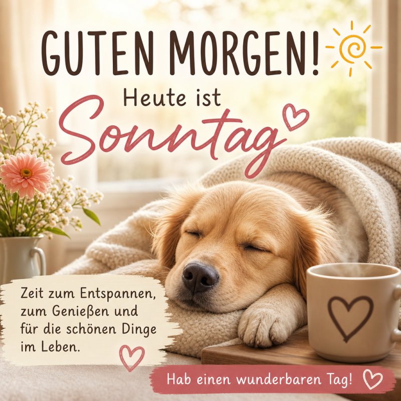 Ein Hund schläft eingekuschelt in eine Decke neben einer Tasse und Blume, mit einem herzlichen Guten-Morgen-Gruß für einen entspannten Sonntag.