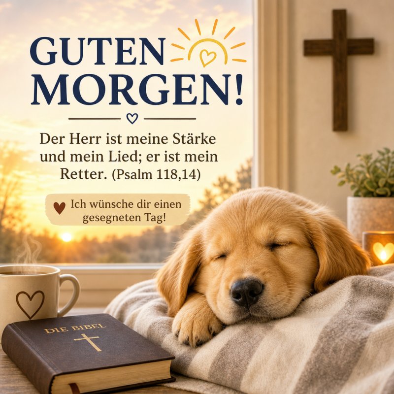 Ein schlafender Hund liegt auf einem Sofa mit einer Bibel daneben, während ein Sonnenaufgang durch das Fenster scheint, als Teil eines religiösen Guten-Morgen-Gruß.