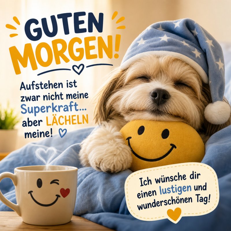 Ein niedlicher Hund schläft mit einem Lächelkissen und einer Tasse Kaffee in der Nähe, als lustiger Guten-Morgen-Gruß für einen schönen Tag.