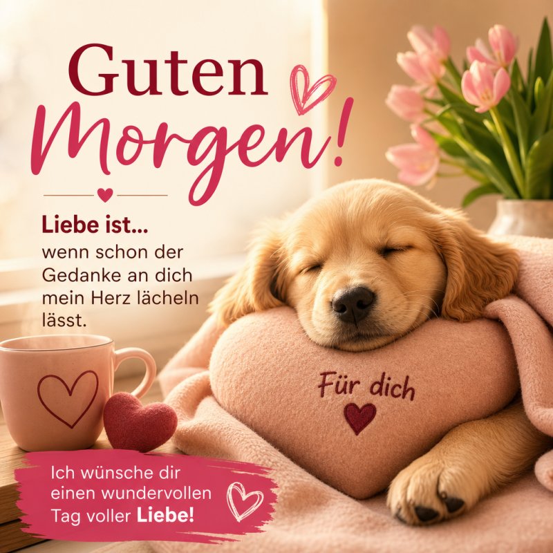Ein schlafender Hund kuschelt mit einem herzförmigen Kissen neben einer Vase mit rosa Tulpen und einer Tasse, als liebevoller Guten-Morgen-Gruß.