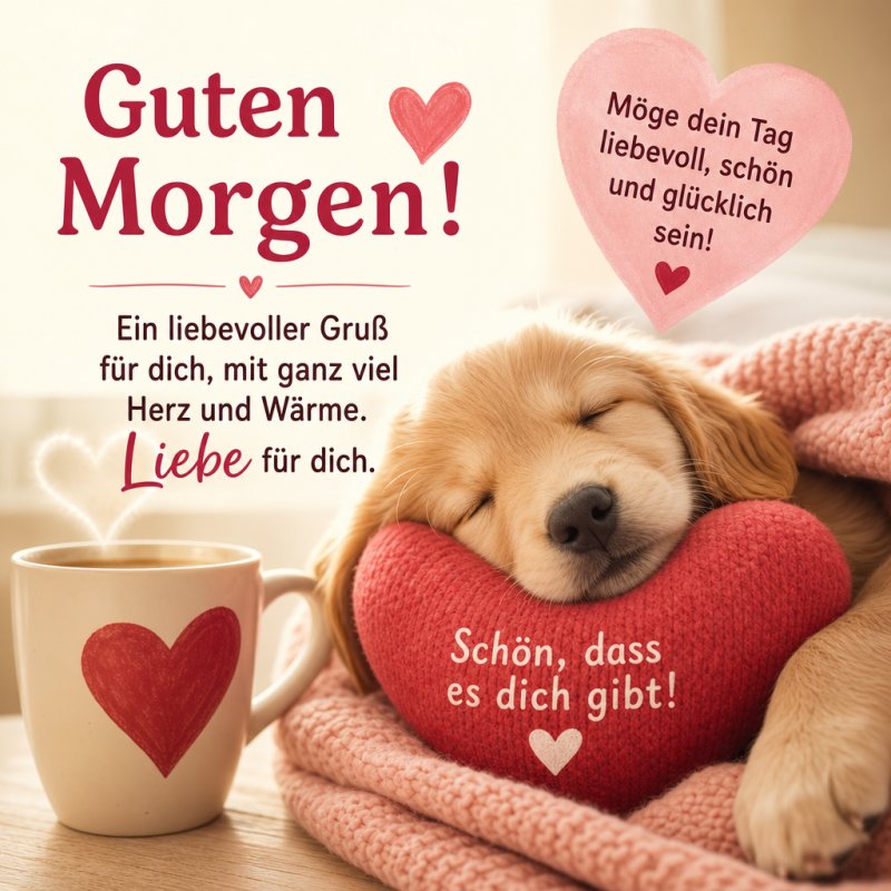 Ein kuscheliger Hund schläft neben einer Tasse Kaffee, umgeben von Herzen und einem liebevollen Guten-Morgen-Gruß für einen besonderen Tag.