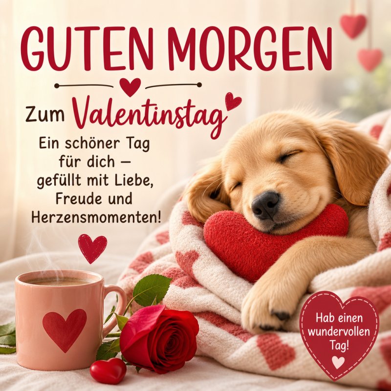 Ein Hund schläft friedlich auf einer Decke mit einem Herzen, begleitet von einer Rose und einer Tasse, als Guten-Morgen-Gruß zum Valentinstag.