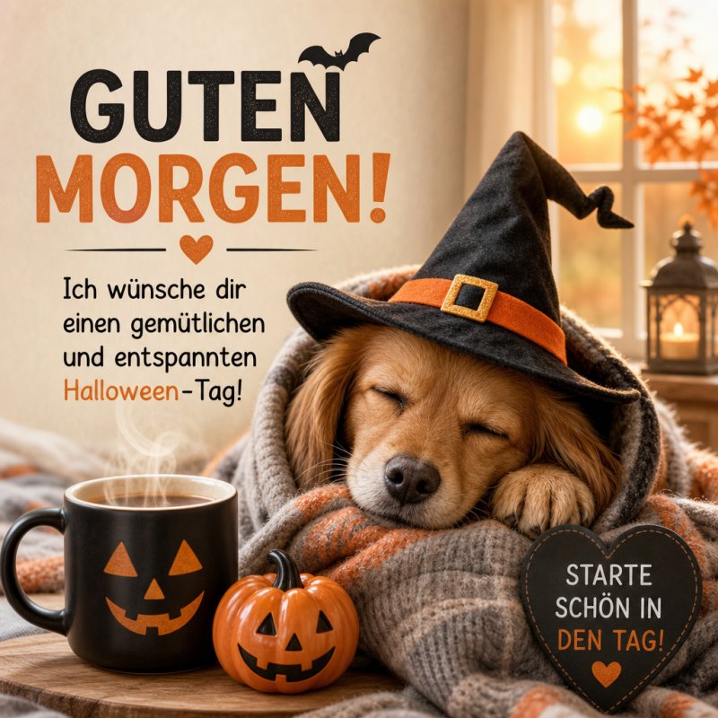 Ein Hund schläft in einem Hexenhut eingekuschelt neben einem Kürbis und einer gruseligen Tasse, als Teil eines Halloween Guten-Morgen-Grußes.