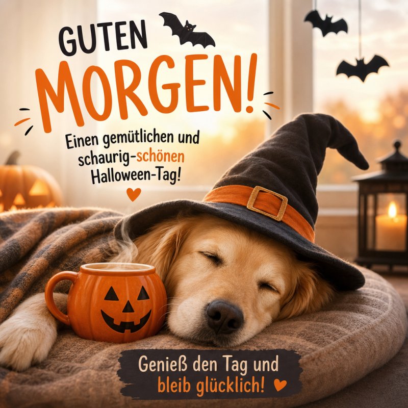 Ein Hund schläft in einem Hexenhut neben einem Kürbisbecher auf einer Decke, umgeben von Halloween-Dekorationen, als fröhlicher Guten-Morgen-Gruß.