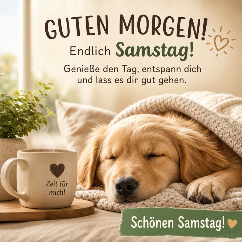 Ein entspannter Hund liegt zugedeckt auf einem Sofa neben einer Kaffeetasse mit der Aufschrift 'Zeit für mich!' als Guten-Morgen-Gruß für Samstag.