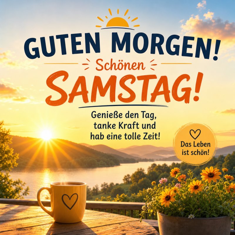 Ein malerischer Sonnenaufgang über einem ruhigen See mit einer Kaffee-Tasse und Blumen im Vordergrund bietet einen herzlichen Guten-Morgen-Gruß.