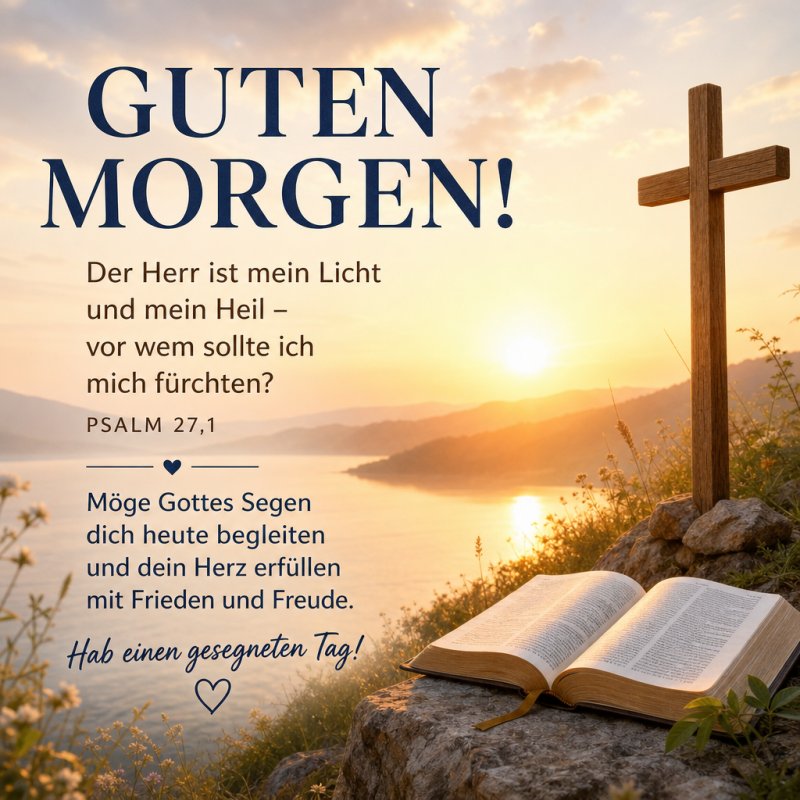 Ein hölzernes Kreuz steht auf einem Hügel vor einem ruhigen See bei Sonnenaufgang, mit einem offenen Buch im Vordergrund und einem Guten-Morgen-Gruß.