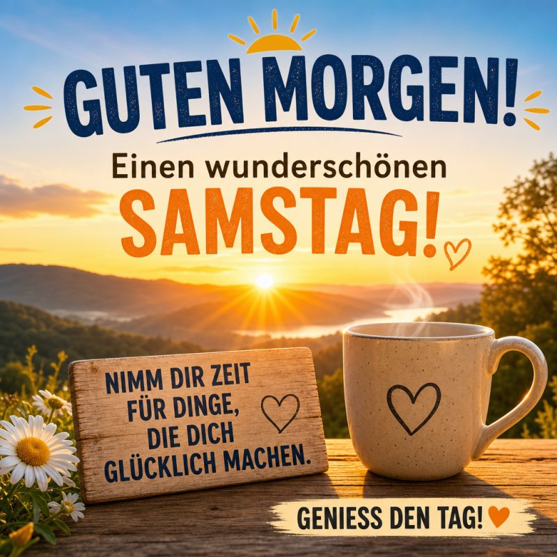 Ein strahlender Guten-Morgen-Gruß mit Landschaft, Kaffeetasse, Gänseblümchen und motivierendem Zitat bei Sonnenaufgang an einem Samstag.