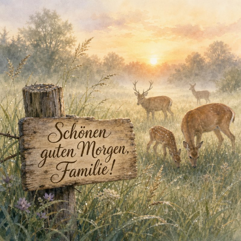 Guten-Morgen-Gruß als weiches Aquarell: eine kleine Rehfamilie bewegt sich durch eine taufrische Wiese in friedlichem Morgengrauen, der Gruß steht auf einem Zaunpfosten.