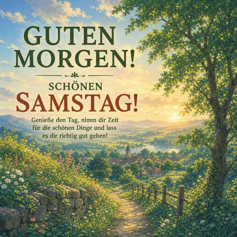 Ein malerischer Weg führt durch blühende Wiesen und Bäume, mit einem Dorf im Hintergrund unter strahlender Morgensonne, ideal für einen Guten-Morgen-Gruß.
