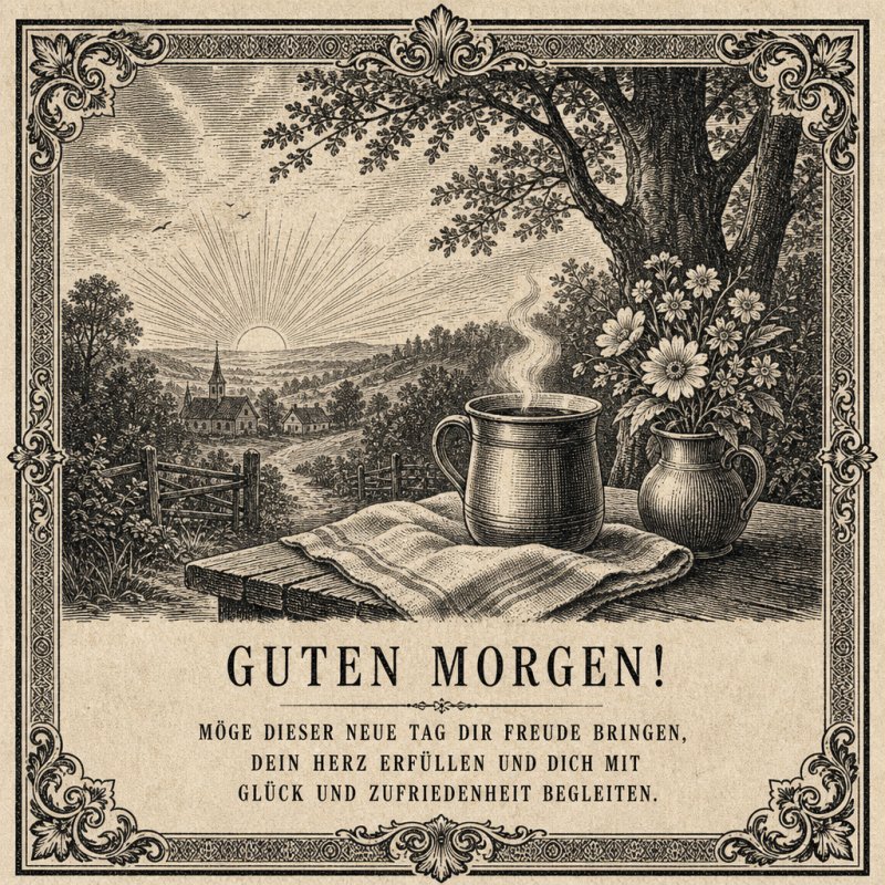 Eine Guten-Morgen-Grußkarte zeigt eine ländliche Szene mit dampfendem Kaffee, Gänseblümchen und einem idyllischen Sonnenaufgang im Hintergrund.