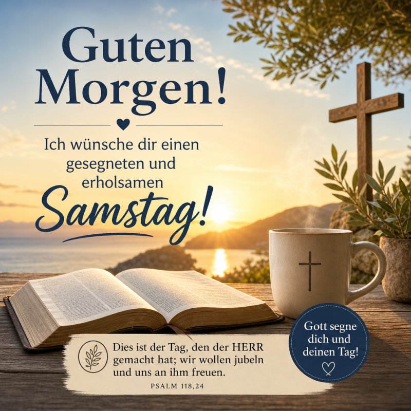 Ein Holzsteg mit Bibel und Tasse bei Sonnenaufgang am See vermittelt einen friedlichen Guten-Morgen-Gruß für Samstag. Ein Kreuz und Psalm 118,24 sind zu sehen.