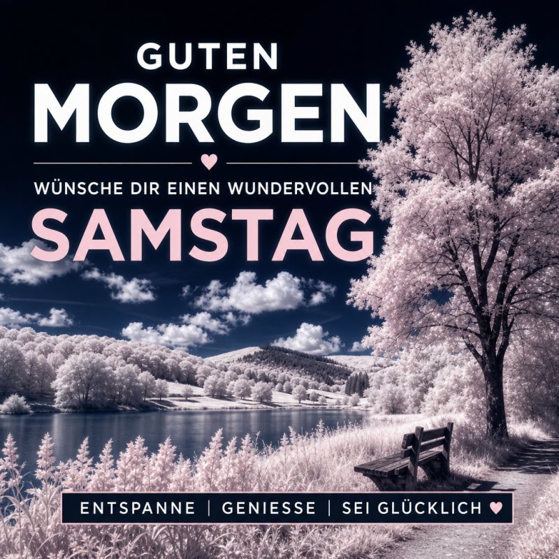 Ein malerischer See mit rosa Bäumen und einem Sitzbank vermittelt einen ruhigen Guten-Morgen-Gruß für den Samstag.