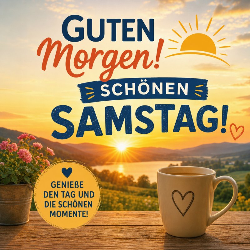 Ein Guten-Morgen-Gruß mit einem idyllischen Sonnenaufgang am See, einer Tasse Kaffee mit Herzmotiv und Blumen in einem Topf auf einem Holztisch.