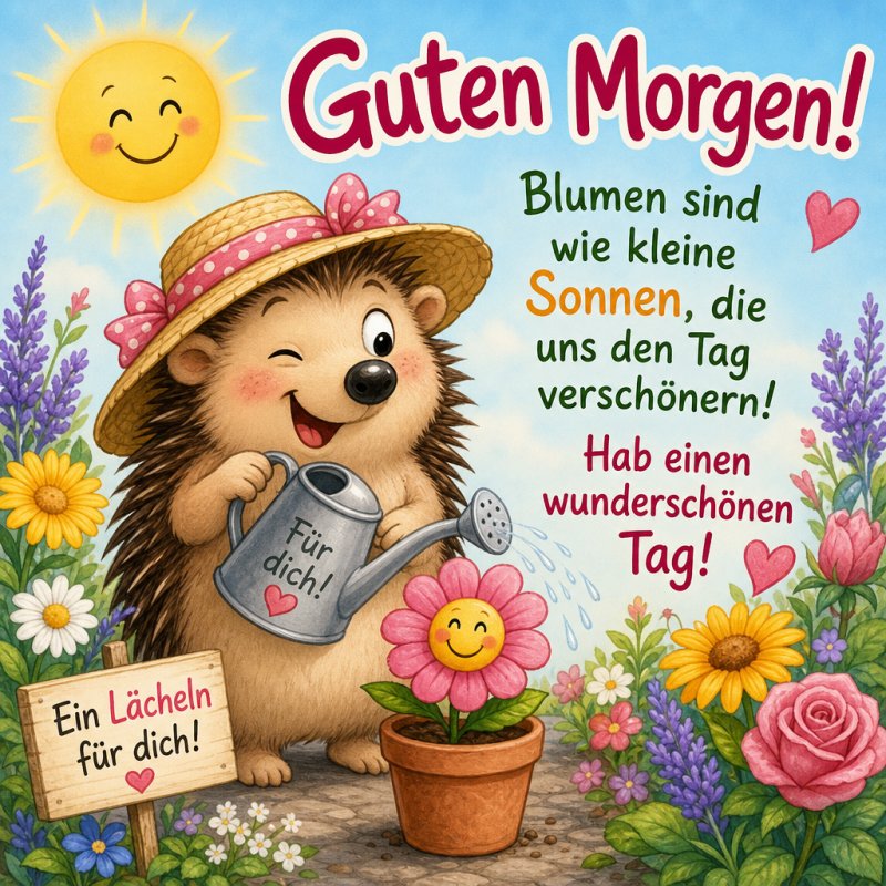 Ein lächelnder Igel in einem Strohhut gießt eine Blume mit einer Gießkanne, während eine leuchtende Sonne im Hintergrund für einen fröhlichen Guten-Morgen-Gruß sorgt.
