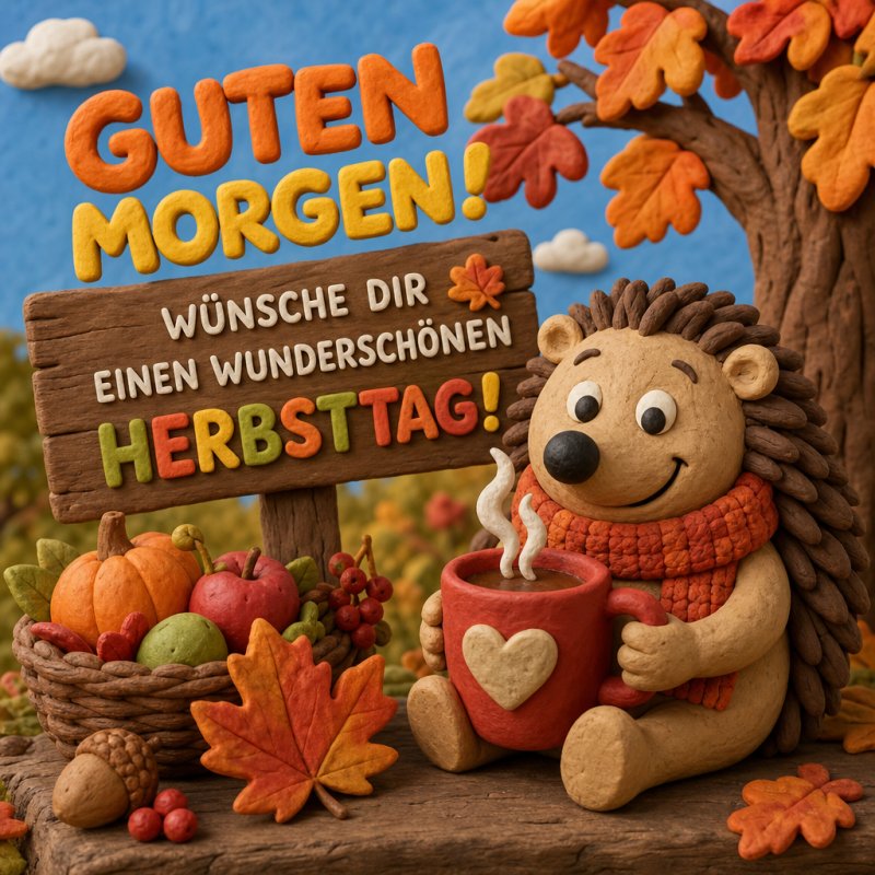 Ein fröhlicher Igel mit rotem Schal hält eine dampfende Tasse vor einem herbstlichen Schild und Herbstlaub und sendet einen Guten-Morgen-Gruß.