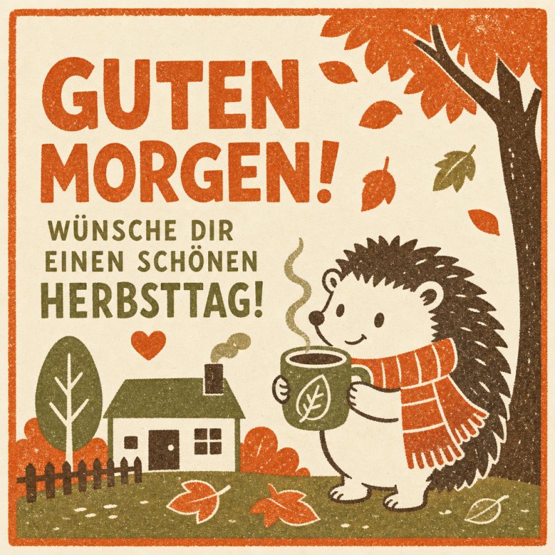 Ein lächelnder Igel mit rotem Schal hält eine Tasse vor einem herbstlichen Haus, umgeben von bunten Blättern, als Guten-Morgen-Gruß.