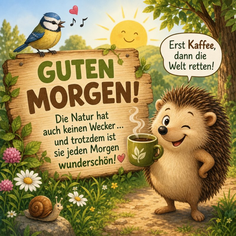 Ein Igel steht mit einer Kaffeetasse auf einem Waldweg neben einem Schneckenhaus, während ein Vogel singt und die Sonne lacht; ein fröhlicher Guten-Morgen-Gruß.