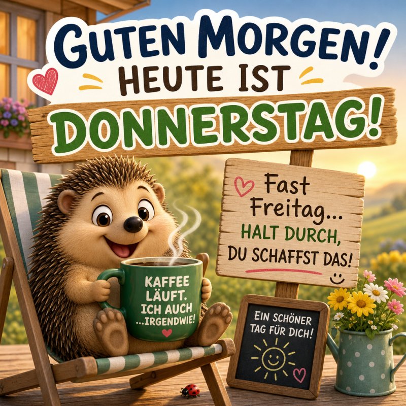 Ein fröhlicher Igel hält eine Kaffeetasse und sitzt auf einem Holzstuhl; im Hintergrund steht ein Schild mit dem Text „Fast Freitag“ und ein Blumenstrauß, als freundlicher Guten-Morgen-Gruß.