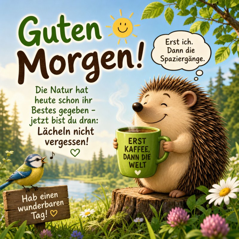 Ein lächelnder Igel hält eine grüne Kaffeetasse neben einem singenden Vogel auf einem Baumstumpf als Guten-Morgen-Gruß in der Natur.