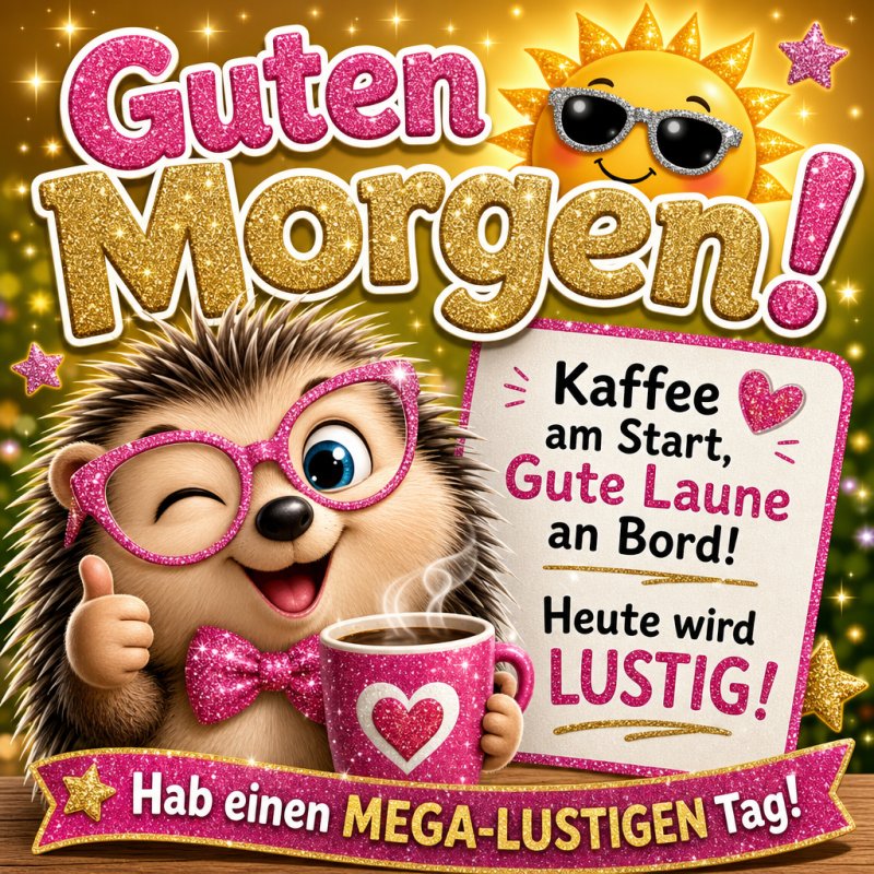 Ein fröhlicher Igel mit pinker Brille und einer Kaffeetasse sendet einen lustigen Guten-Morgen-Gruß vor einem glitzernden Hintergrund.