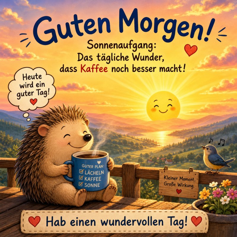 Ein lächelnder Igel mit einer Kaffeetasse sitzt auf einem Holzzaun vor einem strahlenden Sonnenaufgang, während ein Vogel singt – ein fröhlicher Guten-Morgen-Gruß.