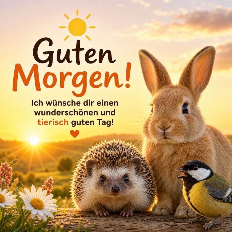 Ein Igel, ein Kaninchen und eine Meise sitzen vor einem Sonnenaufgang auf einer Wiese und verleihen dem Bild einen warmen, herzlichen Guten-Morgen-Gruß.