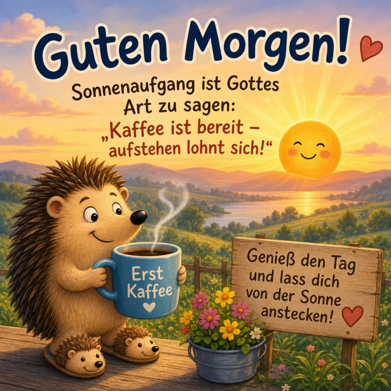 Ein lächelnder Igel hält einen Kaffee mit der Aufschrift 'Erst Kaffee' vor einem malerischen Sonnenaufgang und einem 'Guten Morgen'-Gruß.