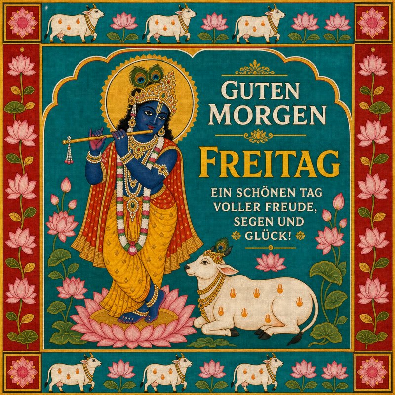 Ein indischer Gott mit Flöte und Kuh ist von rosa Lotusblumen und kleinen weißen Kühen umgeben; ein bunter Guten-Morgen-Gruß für Freitag.