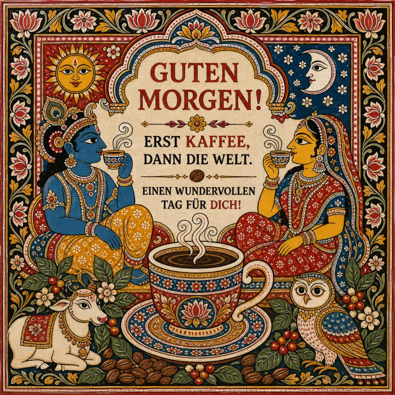 Eine bunte Illustration mit zwei indischen Figuren, die Kaffee trinken, und bietet einen farbenfrohen Guten-Morgen-Gruß in einem traditionellen Design.