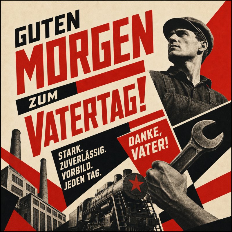 Ein industrielles Design mit einem Mann in Arbeitskleidung, einer Lokomotive und Fabriksilhouetten, umrahmt von starken Schriftzügen für einen Guten-Morgen-Gruß.