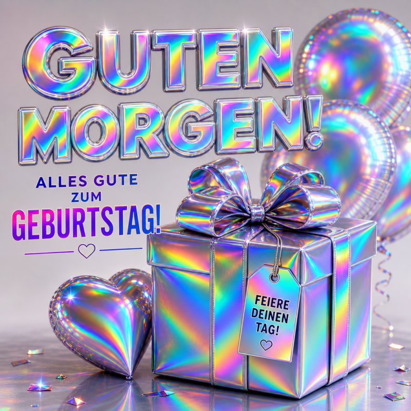 Eine schillernde Geburtstagskarte mit irideszierendem Geschenk und Ballons, die einen fröhlichen Guten-Morgen-Gruß übermitteln.