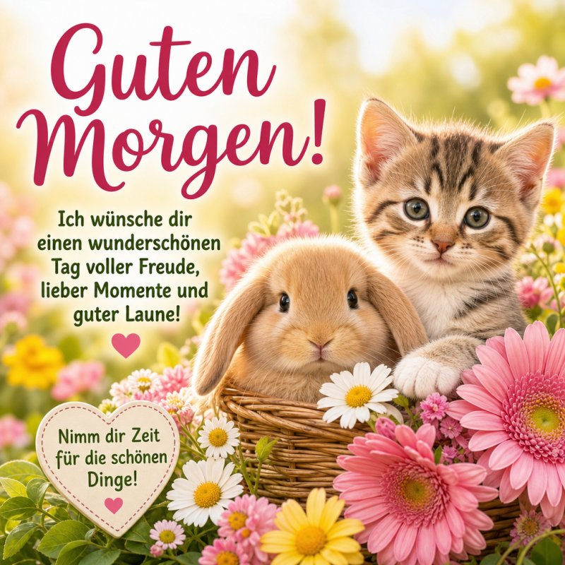Ein Kätzchen und ein Hase sitzen in einem Korb umgeben von bunten Blumen für einen fröhlichen Guten-Morgen-Gruß.