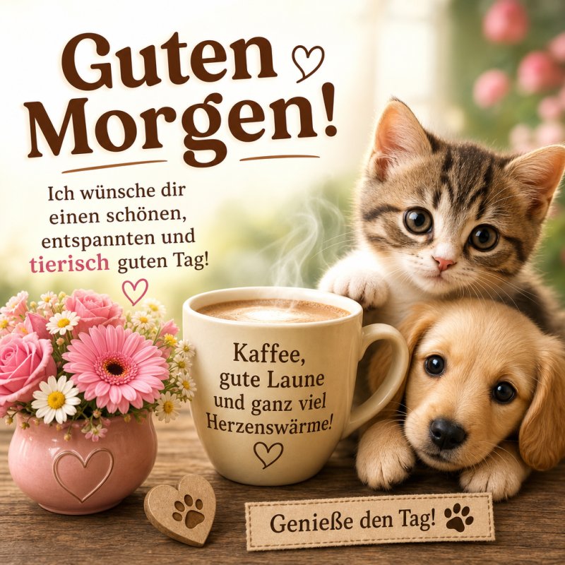 Ein niedliches Kätzchen und ein Welpe schauen liebevoll neben einer Tasse Kaffee und Blumen für einen bezaubernden Guten-Morgen-Gruß in die Kamera.