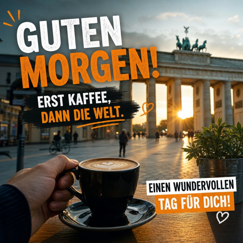 Eine Hand hält eine Tasse Kaffee vor dem Brandenburger Tor im Sonnenaufgang, begleitet von einem herzlichen Guten-Morgen-Gruß in kräftigen Farben gestaltet.