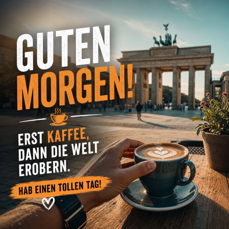 Ein hand hält eine Tasse Cappuccino mit Herz am Brandenburger Tor bei Sonnenaufgang; ein perfekter Guten-Morgen-Gruß mit einem Hauch von Abenteuerlust.
