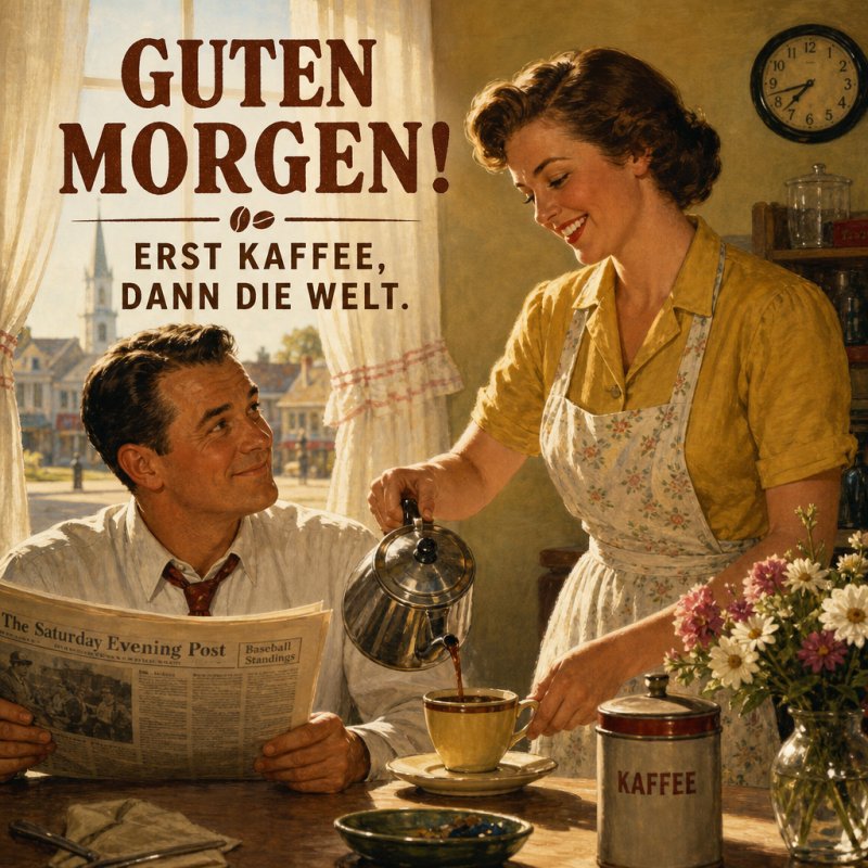 Ein Paar in Retro-Kleidung genießt beim Frühstück den Kaffee in einer sonnigen Küche, mit dem Text 'Guten Morgen' als Teil eines Guten-Morgen-Grußes.