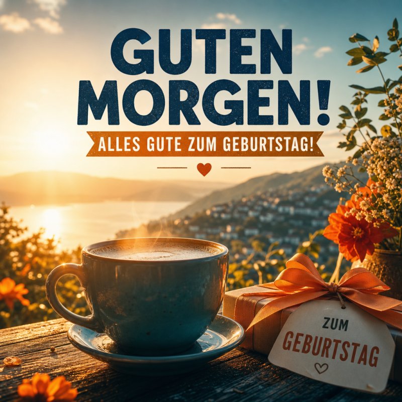 Ein dampfender Kaffee steht auf einem Holztisch mit Blumen und einem Geschenk bei Sonnenaufgang, begleitet von einem fröhlichen Guten-Morgen-Gruß.