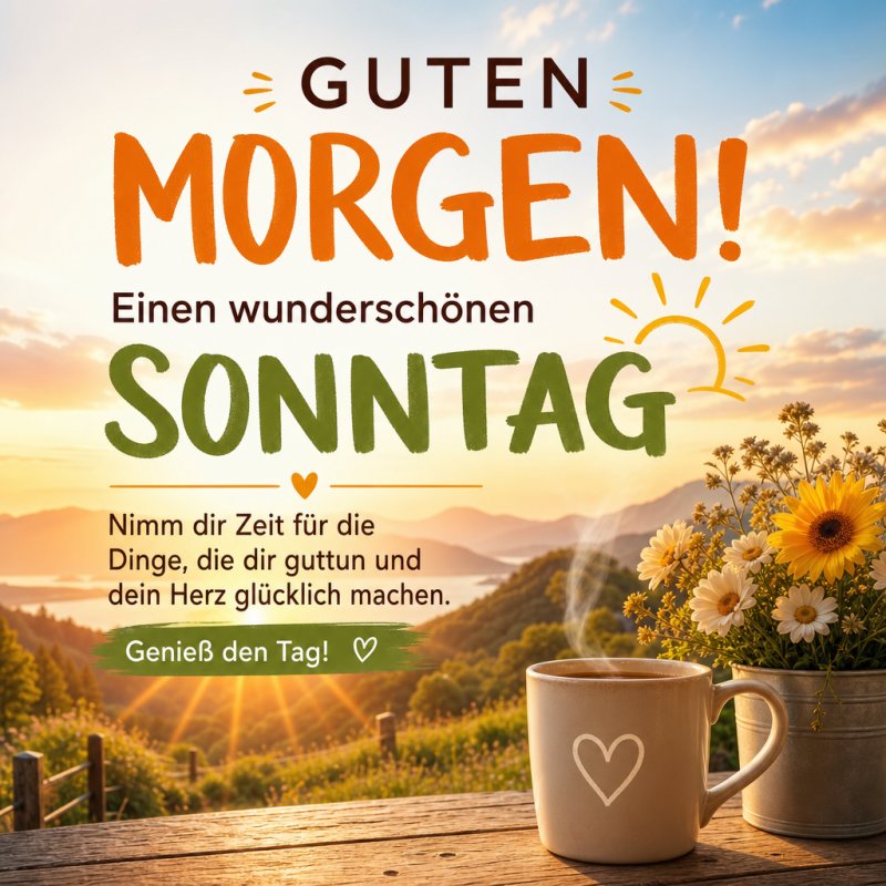 Ein idyllischer Guten-Morgen-Gruß mit Kaffee und Blumen vor einer Berglandschaft bei Sonnenaufgang, der Gemütlichkeit und Ruhe ausstrahlt.