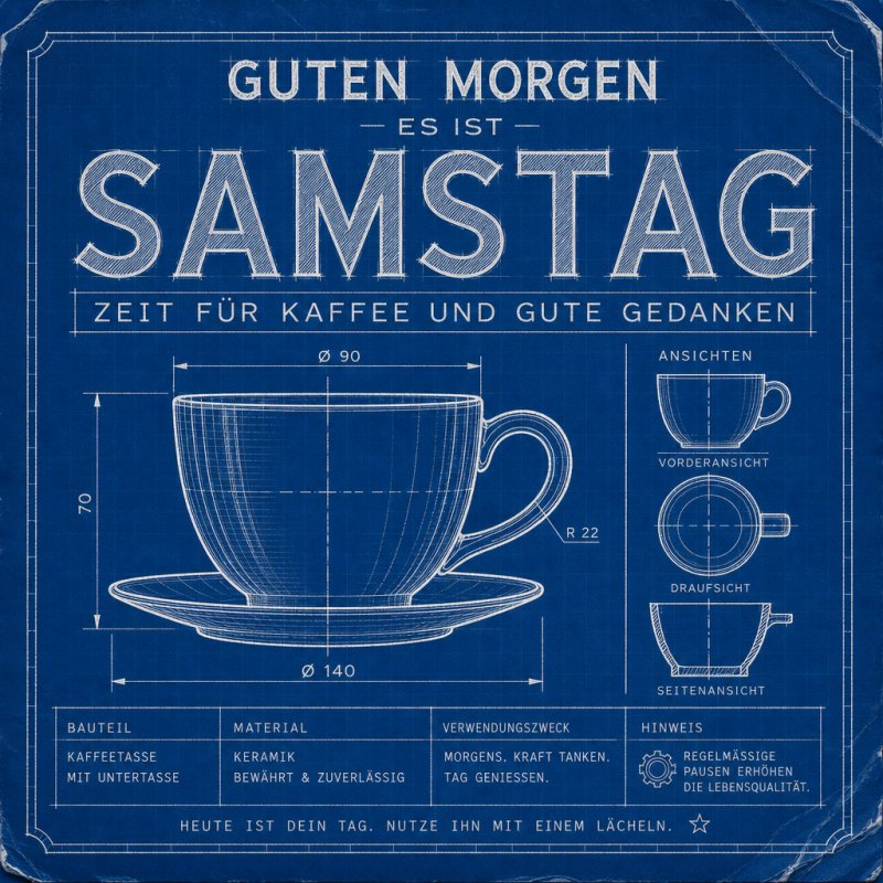 Eine Blaupause mit einer Tasse und Untertasse zeigt technischen Details neben 'Samstag'; ein kreativer Guten-Morgen-Gruß für Kaffeeliebhaber.