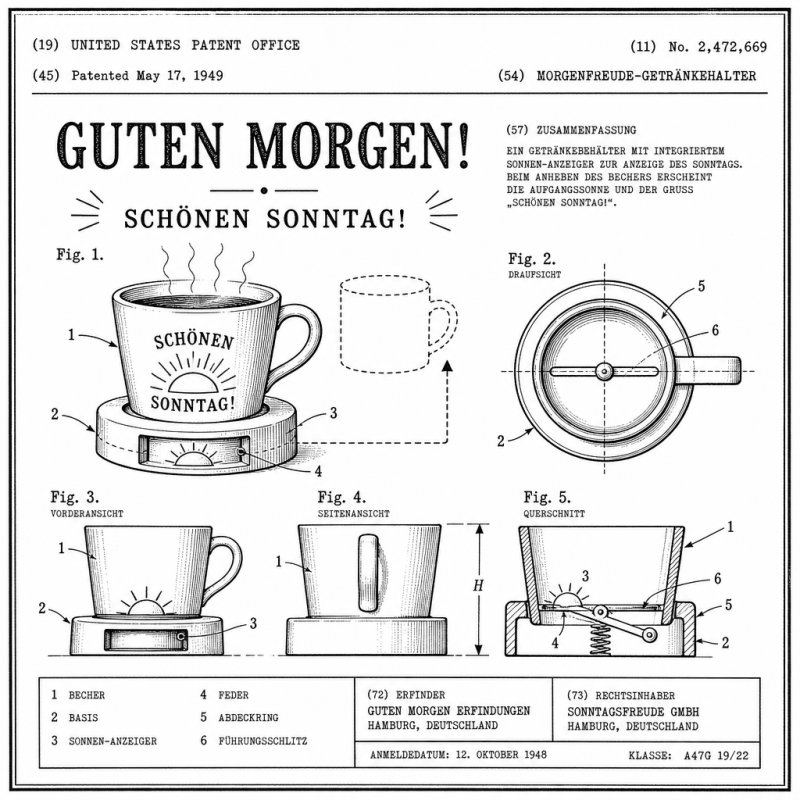Ein ironischer Patententwurf zeigt eine komplexe Vorrichtung für den perfekten Sonntagskaffee mit dem Schriftzug 'Schönen Sonntag' als Guten-Morgen-Gruß.