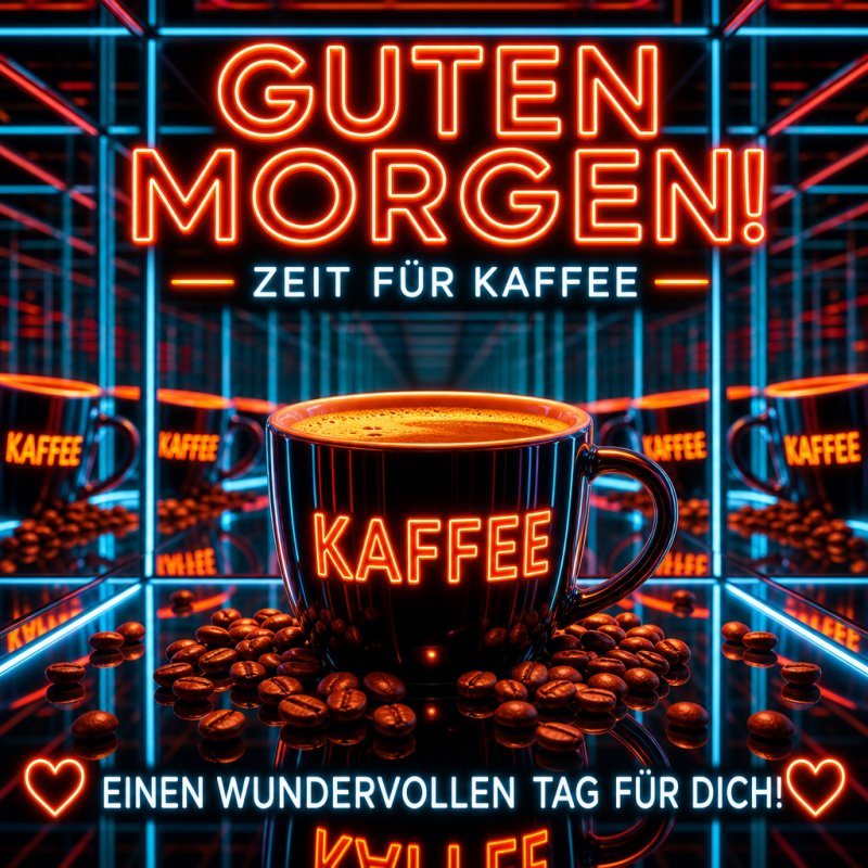 Eine Tasse Kaffee mit der Aufschrift 'Kaffee' steht umgeben von leuchtenden Neonschriften in einem reflektierenden Raum als Guten-Morgen-Gruß.