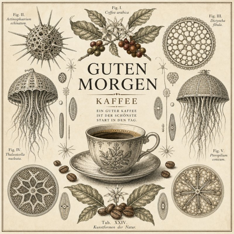 Ein stilvoller Guten-Morgen-Gruß mit Kaffeetasse, botanischen Zeichnungen und Meeresmotiven, die den Tag kunstvoll beginnen lassen.