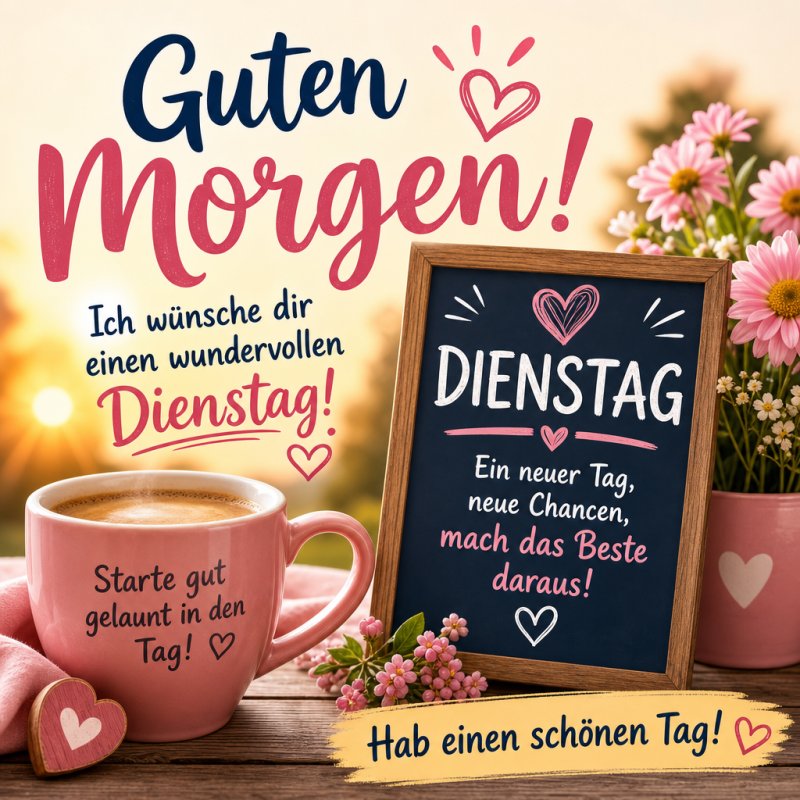 Ein herzlicher Guten-Morgen-Gruß mit einer Tasse Kaffee, Blumen und einer Tafel für Dienstag, die einen positiven Start in den Tag vermittelt.